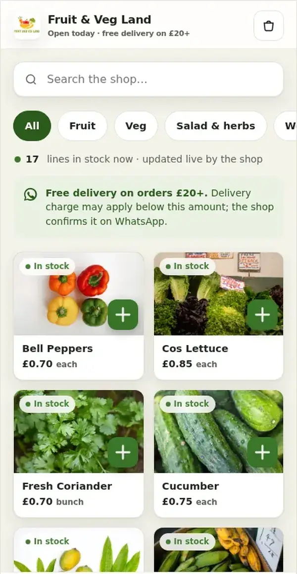 Product list with live stock badges.