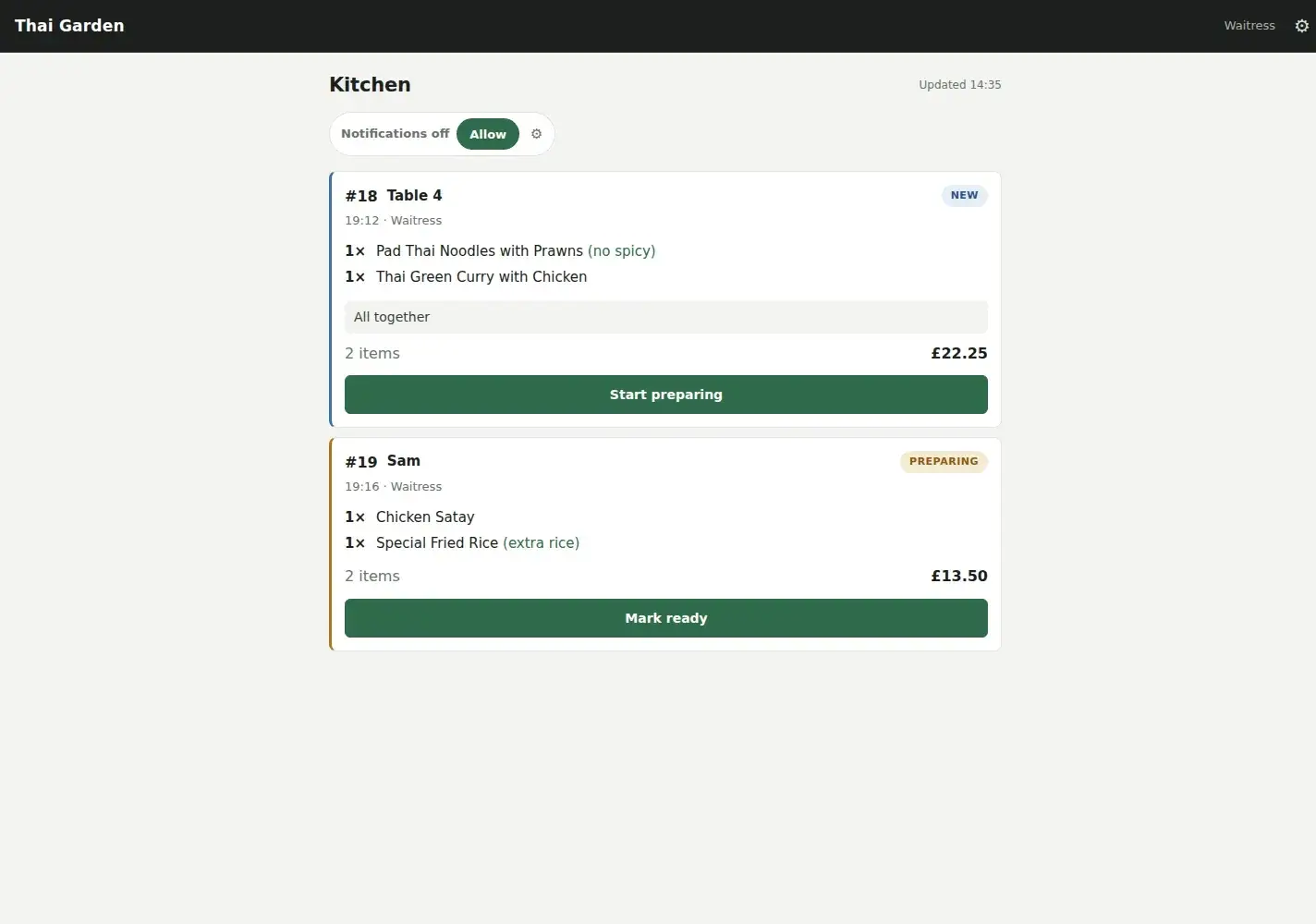 Kitchen board with active orders.