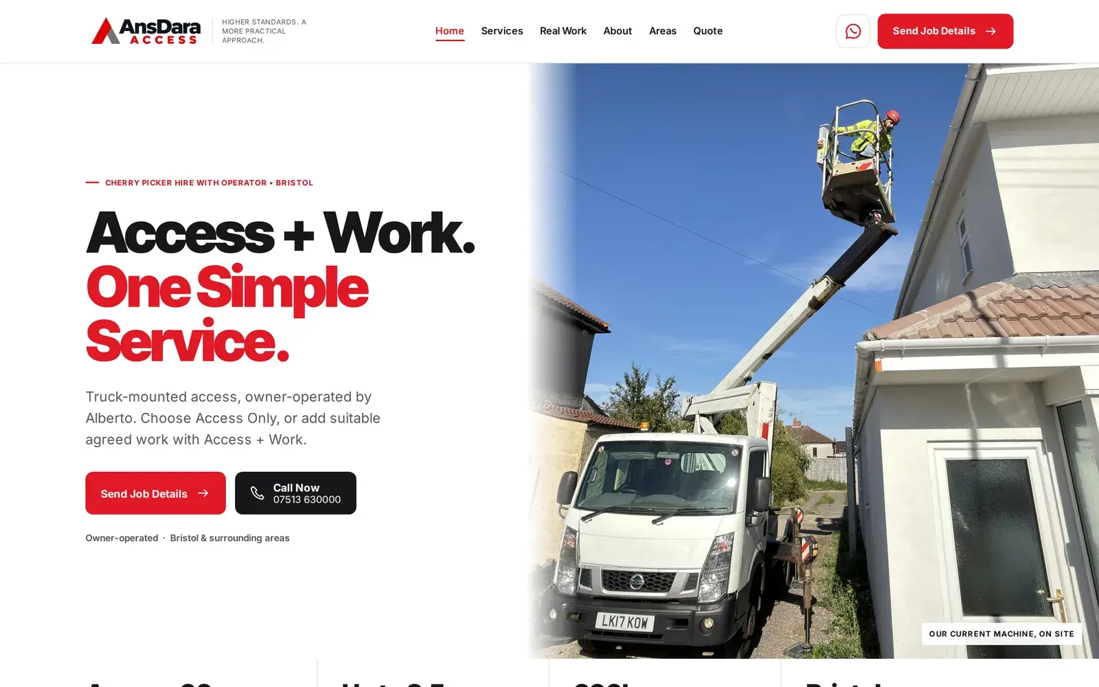 AnsDara Access homepage on a laptop: Access + Work, One Simple Service, with the truck-mounted cherry picker on site and Send Job Details and Call Now buttons.
