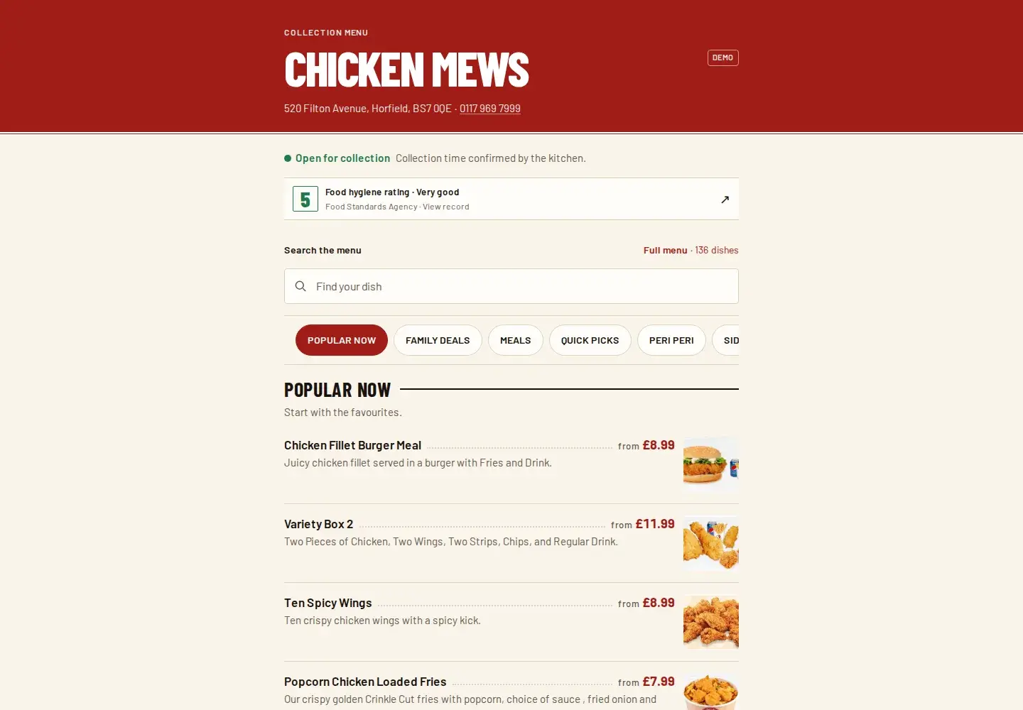 Chicken Mews collection menu on a laptop: red fascia header, food hygiene rating, search, category pills and printed-menu rows with dotted price leaders.