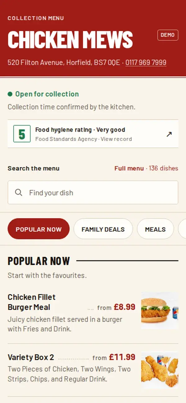 The same menu on a phone, one column, with the Popular Now category selected.