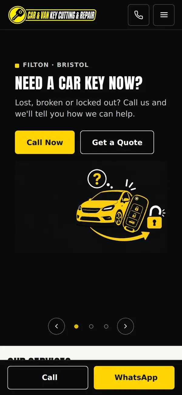 Filton Key Cutting homepage on a phone with a sticky Call and WhatsApp bar.
