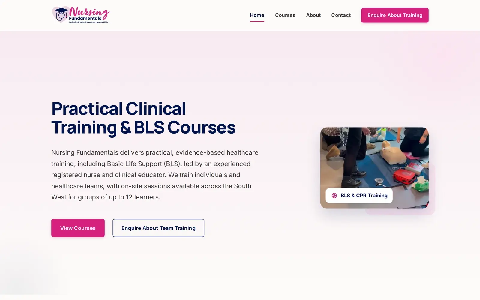 Nursing Fundamentals homepage on a laptop: Practical Clinical Training and BLS Courses, with a photo from a real training session.