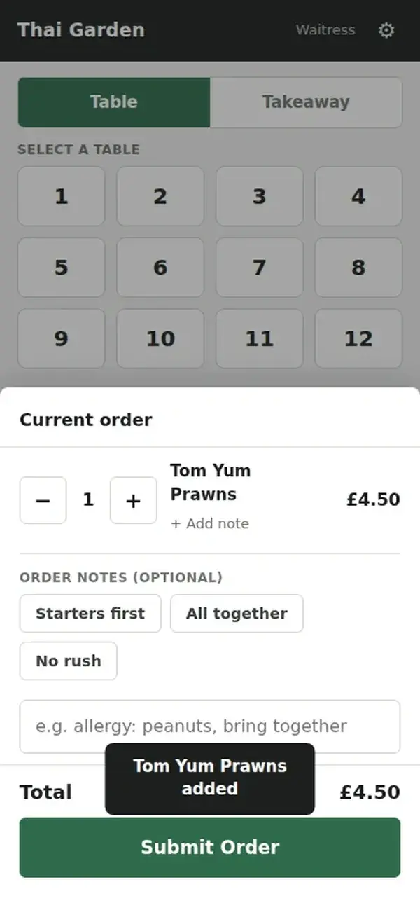 Order Terminal on a phone showing the current order with quantity controls, order notes and a Submit Order button.