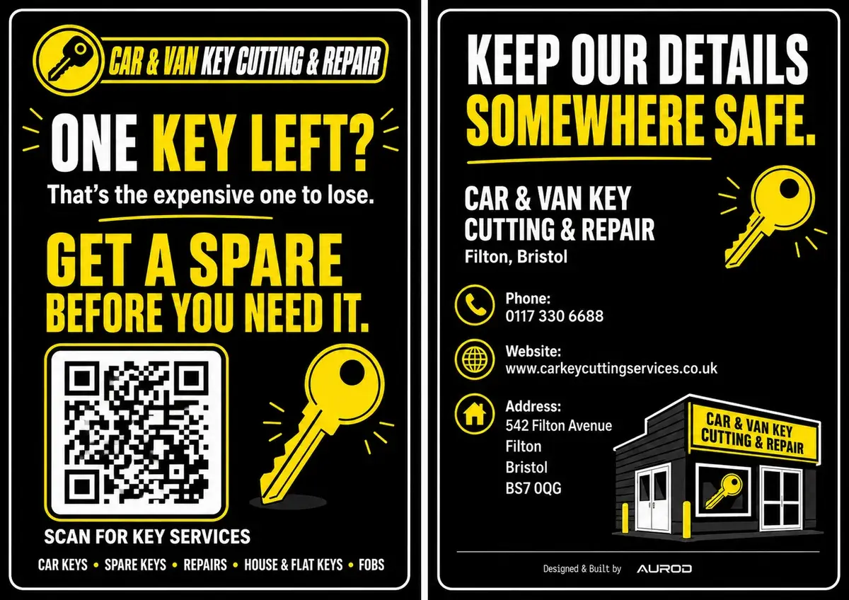 Filton Key Cutting spare-key reminder card, both sides.