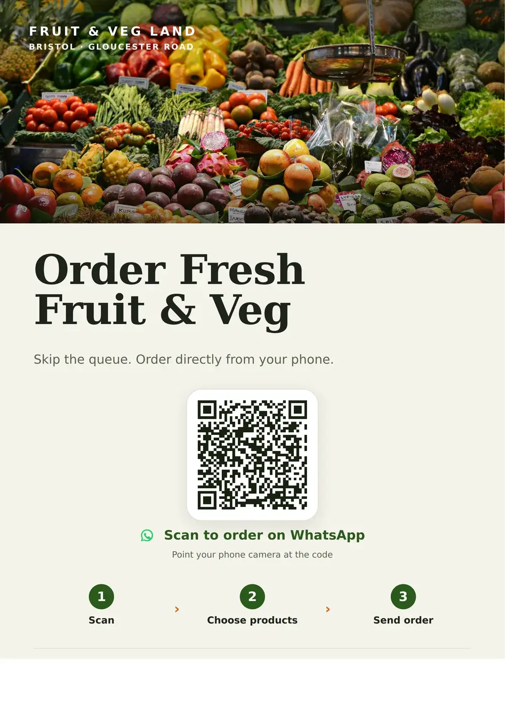 Fruit & Veg Land A4 poster: Order Fresh Fruit & Veg, with a QR code to order on WhatsApp.